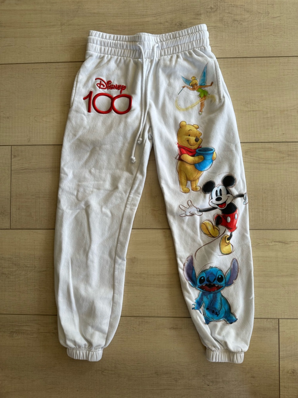 Disney 100 Character White Graphic Sweatpants Mickey Pooh Tinkerbell Stitch XS